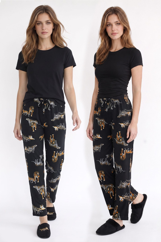 Kadın Süet Siyah Kaplan Desen Pijama Tek Alt