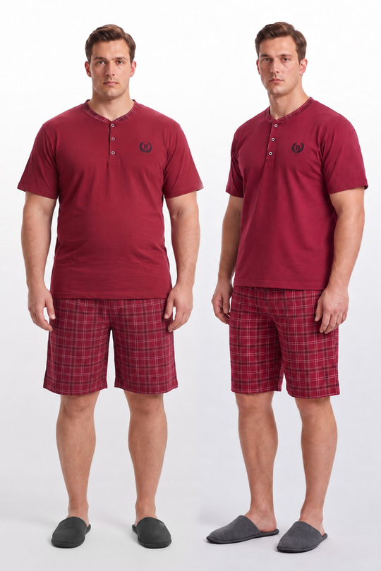 Erkek Battal Beden %100 Pamuk Önü Patlı Şortlu Pijama Takımı | Bordo 404
