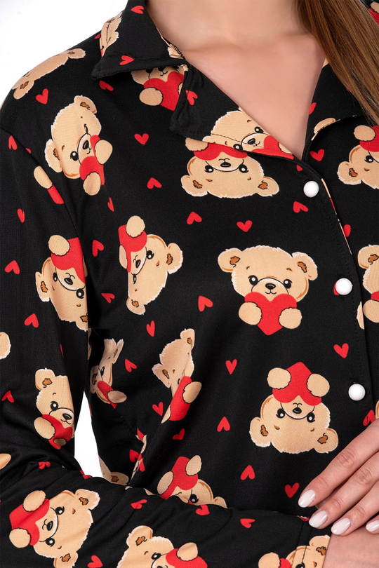 Lizbon Kumaş Siyah Ayıcık Desenli Önden Düğmeli Kadın Pijama Takımı
