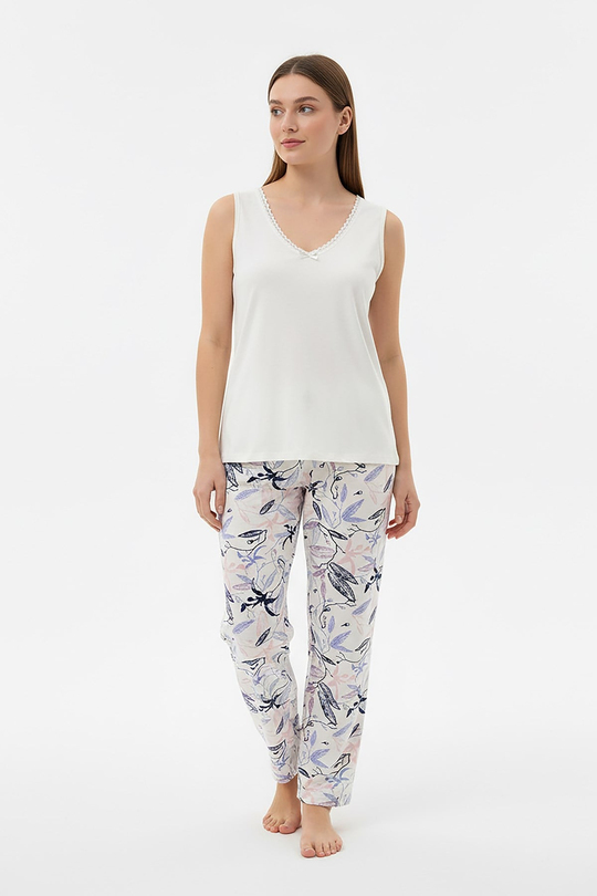 Kadın % 100 Ring Viskon V Yaka Altı Desenli Kalın Askılı Pijama Takımı | Ekru 40108-3345