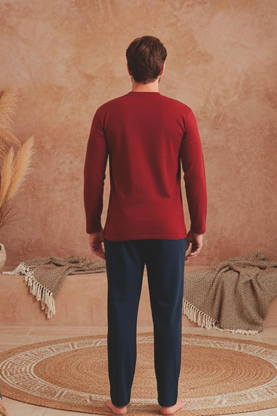 Erkek Patlı Yaka Kareli Pamuklu Pijama Takımı | Bordo