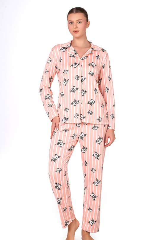Lizbon Kumaş İçi Şardonlu Somon Panda Desenli Çizgili Önden Düğmeli Kadın Pijama Takımı