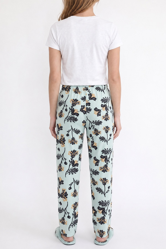 Kadın Süet Mint Çiçek Desen Pijama Tek Alt