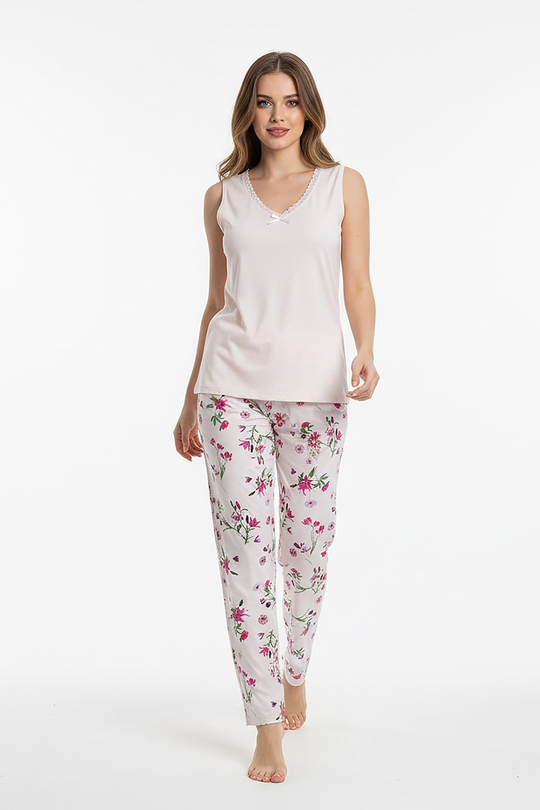 Kadın % 100 Ring Viskon V Yaka Altı Desenli Kalın Askılı Pijama Takımı | Somon 40108-4768