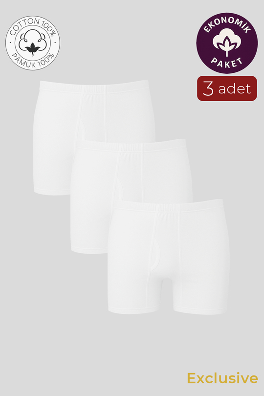 Erkek Pamuklu Penye Paçalı Boxer 3lü Paket – Rahat & Dayanıklı | Beyaz K0043
