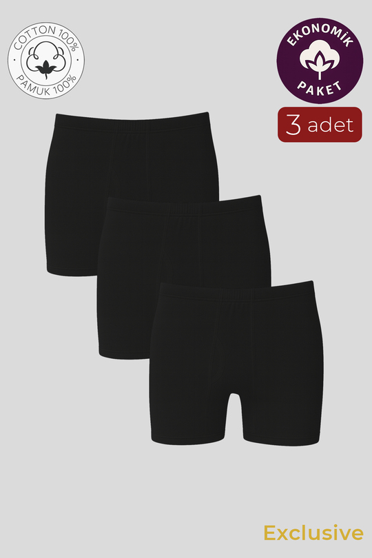 Erkek Pamuklu Penye Paçalı Boxer 3lü Paket – Rahat & Dayanıklı | Siyah K0043