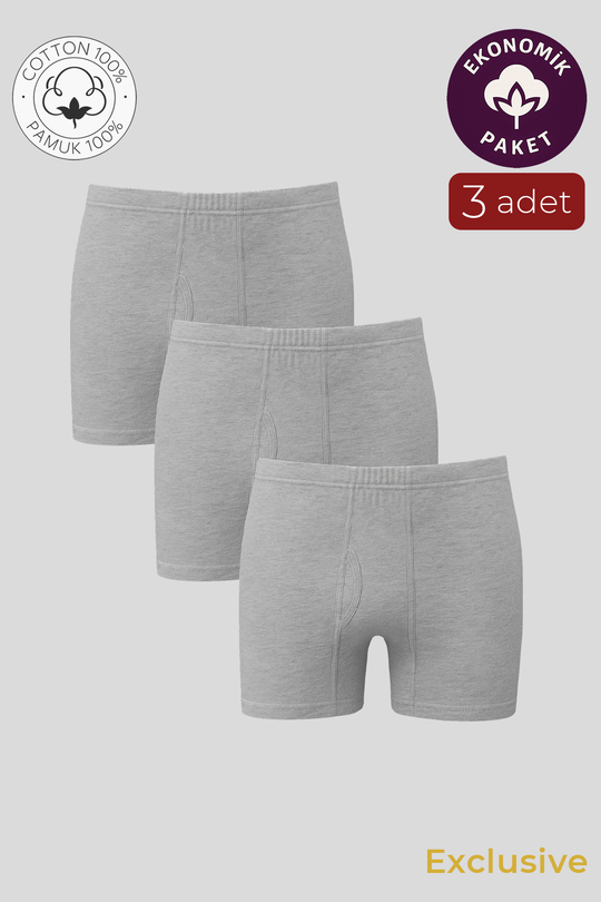 Erkek Pamuklu Penye Paçalı Boxer 3lü Paket – Rahat & Dayanıklı | Gri Melanj K0043