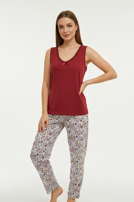 Kadın % 100 Ring Viskon V Yaka Altı Desenli Kalın Askılı Pijama Takımı | Kiremit 40108-4770