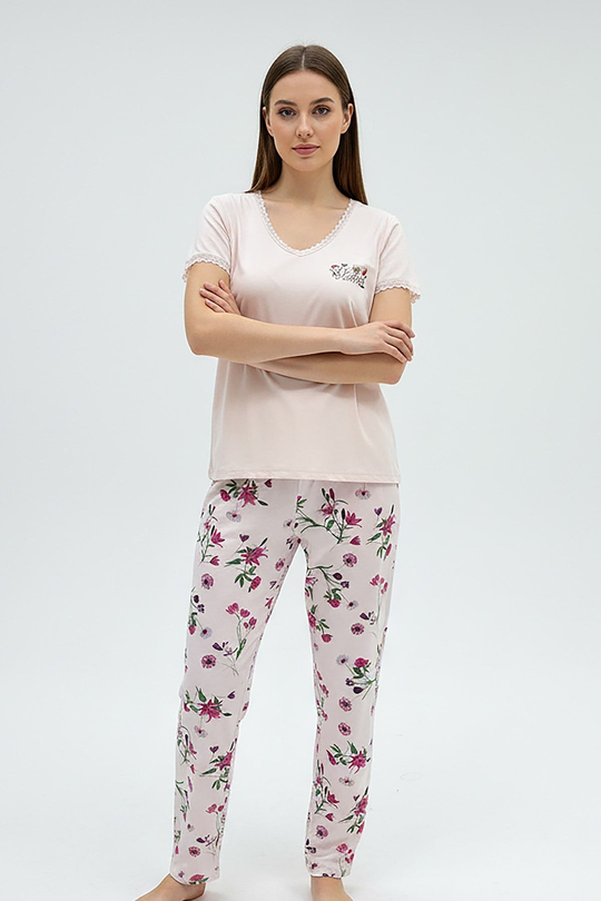 Kadın % 100 Ring Viskon V Yaka Altı Desenli Kısa Kol Pijama Takımı | Pembe 40113-4119