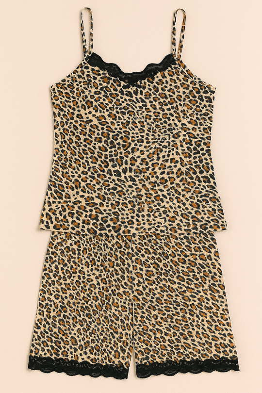 Kadın Dantel Detay Leopar Desen Şortlu Takım | P600-973