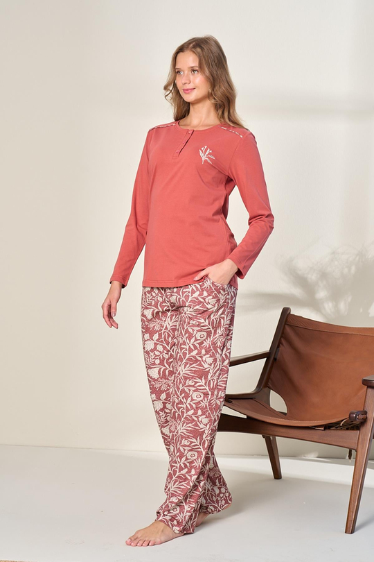 Kadın Likralı Süprem Desenli Önü Patlı Pijama Takım | Nar Çiçeği 3139