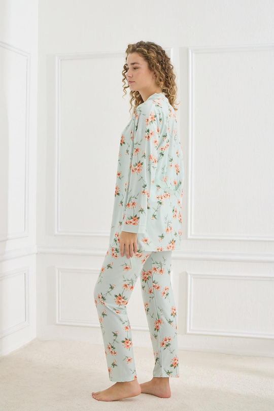 Kadın Çiçek Desenli İp Askılı Sabahlıklı 3lü Pijama Takım | Mint 30201-948