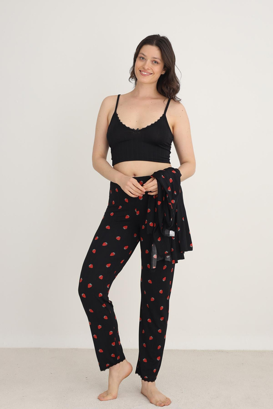 Kadın Çilek Desenli İp Askılı Sabahlıklı 3lü Pijama Takım | Siyah 80710-889