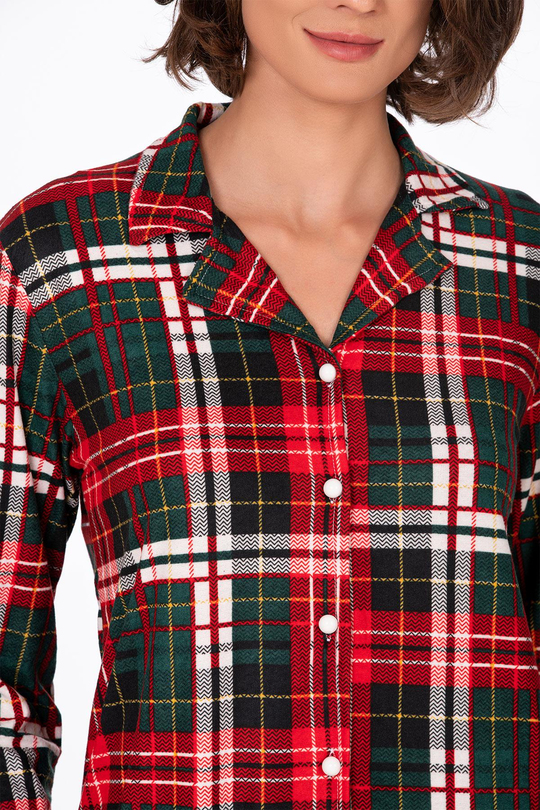 Kadın Süet Önden Düğmeli Pijama Takımı | Yeşil Ekose