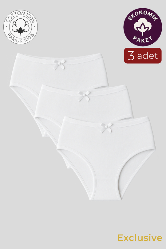 Kadın Yüksek Bel Pamuklu Ribana Slip Külot 3lü Paket – Esnek & Rahat | Beyaz K0305