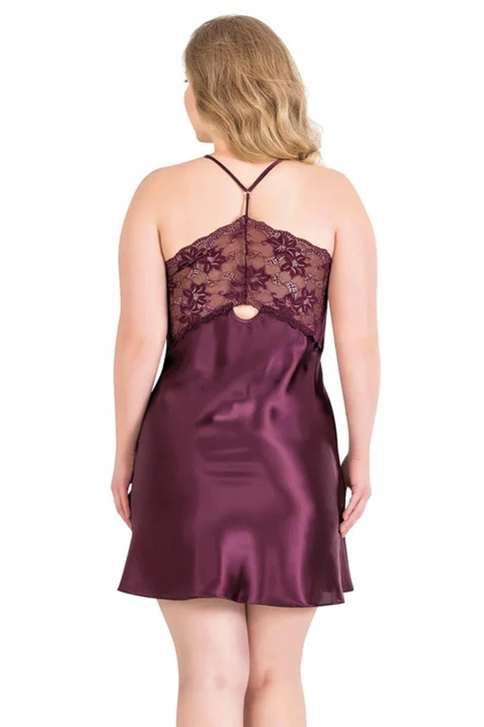 Kadın Saten Dantelli Sırt Detaylı Cut Out Mini Gecelik | Mürdüm 2051