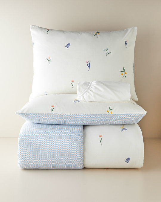 Flowery Kolay Ütülenir Çift Kişilik Çarşaflı Nevresim Takımı 200x220 cm Mavi - Yeşil
