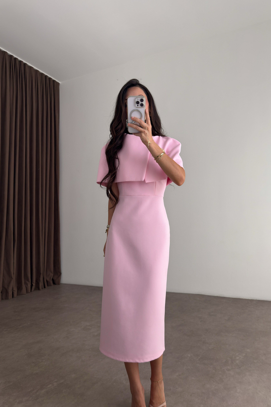 Diana Pastel Pembe Broşlu Midi Elbise