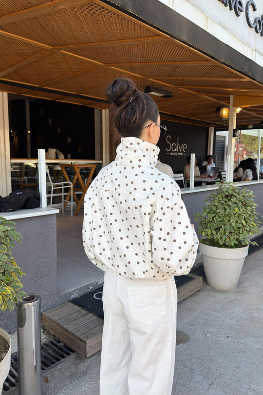 Premium Bomber Dik Yakalı Kahve Puantiyeli Ekru Ceket