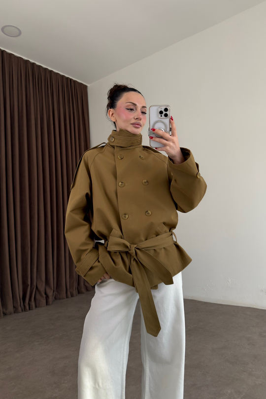 Premium Dik Yaka Kruvaze Kemerli Kısa Olive Trençkot