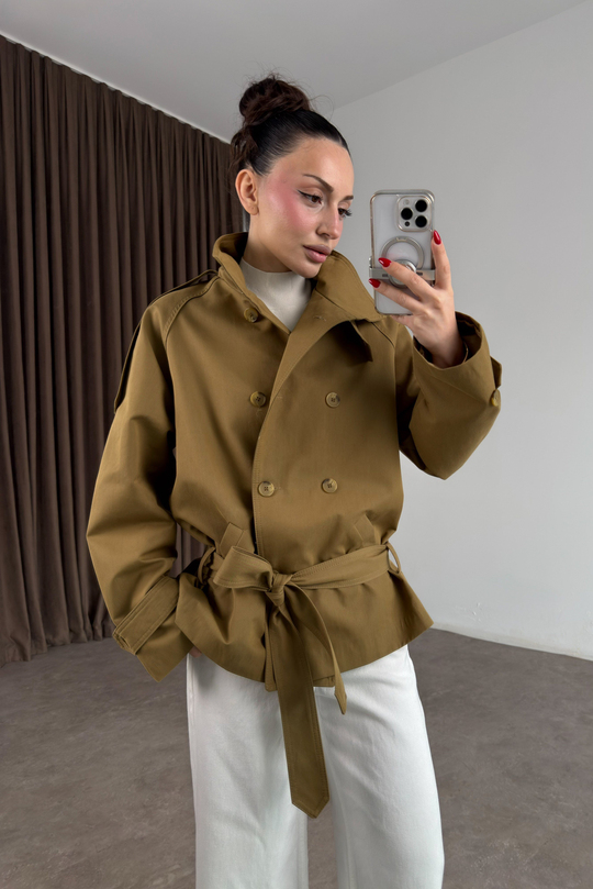 Premium Dik Yaka Kruvaze Kemerli Kısa Olive Trençkot