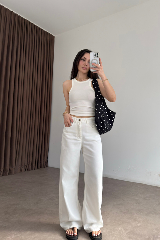 Premium Kemerli Ekru Straight Jean