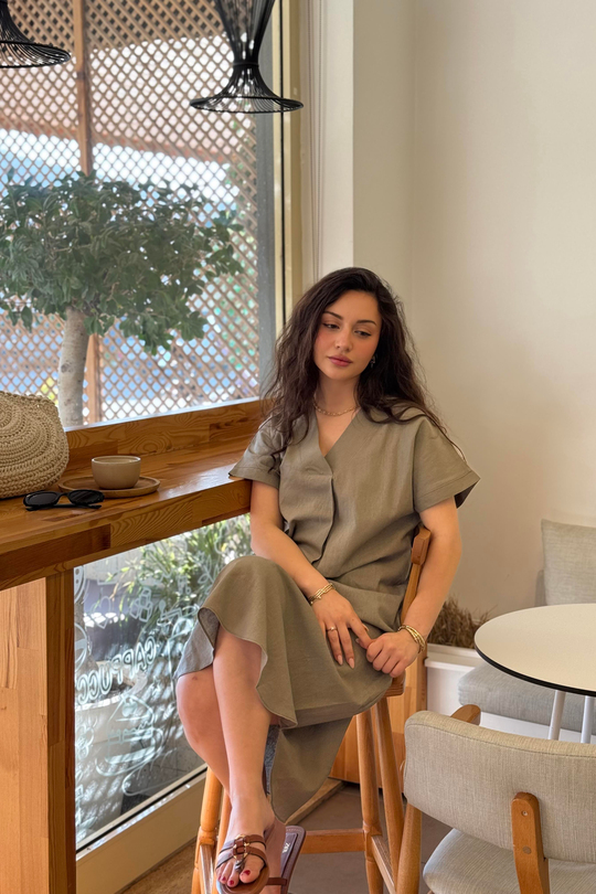 Premium Linen Keten Elbise Vizon