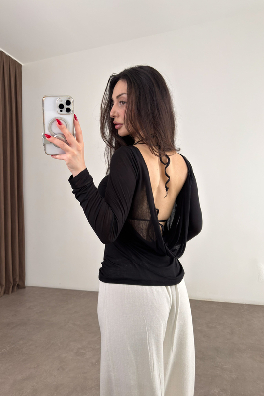 Premium Pamuk Sırt Dekolteli İnce Siyah Bluz 