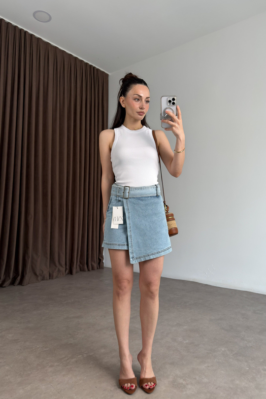 Zra Orijinal Kemerli Light Blue Denim Şort Etek