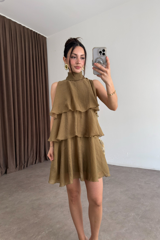 Katlı Baplama Detaylı Mini Elbise Olive