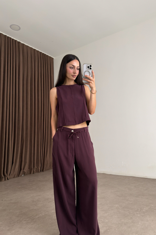 Maren Mürdüm Kolsuz Bluz Pantolon Takım Mürdüm