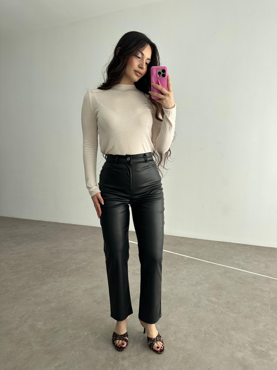Mng Orj. Yüksek Belli Deri Pantolon Siyah
