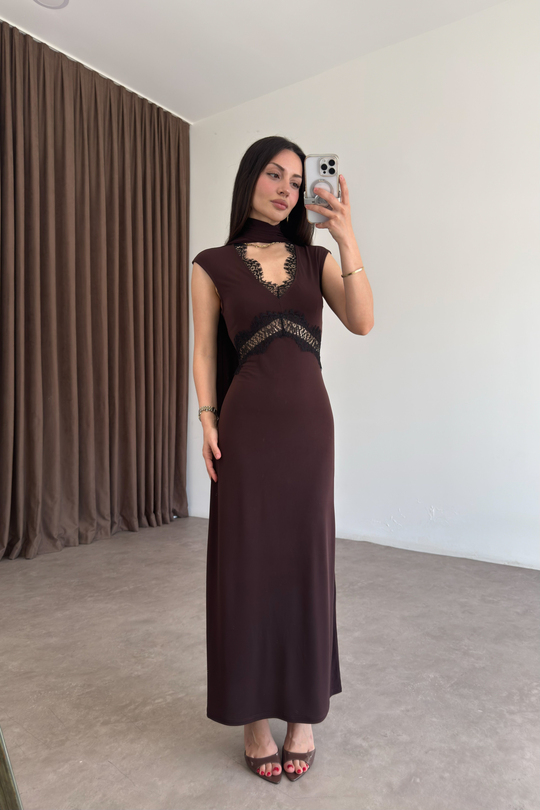 Orijinal Marka Selection Dantelli Kahve Elbise