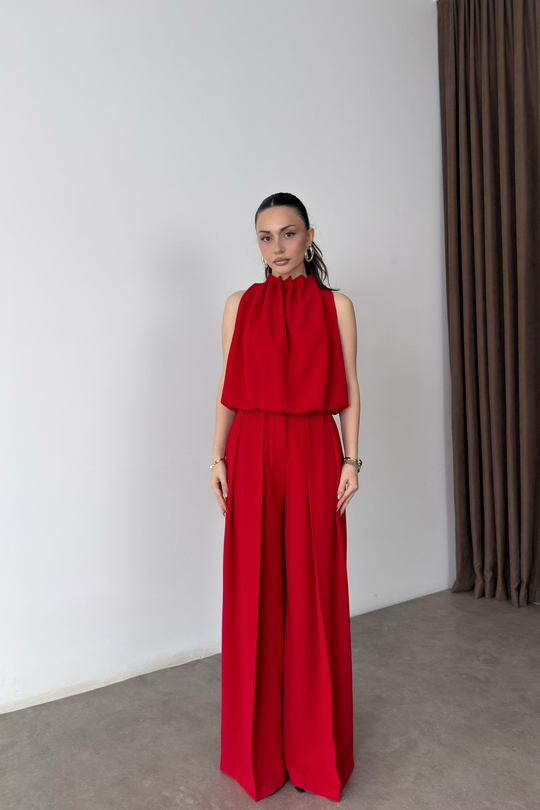 Premium Halter Kesim Bluz Pantolon Kırmızı Takım