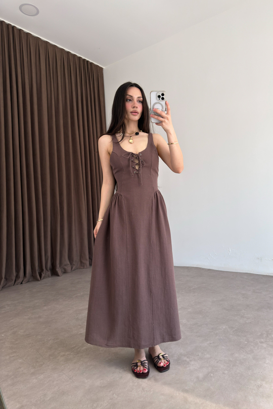 Premium Natural Kumaş Bağcıklı Kahve Elbise