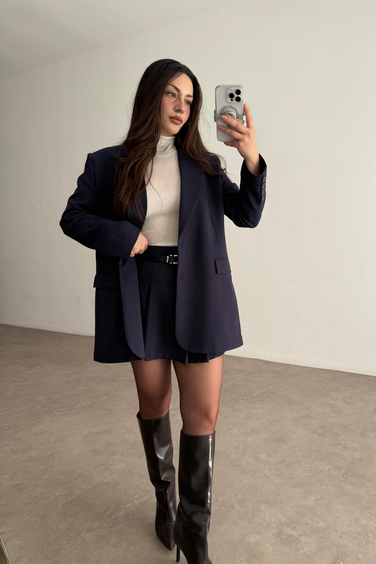 Premium Oversize Blazer Lacivert Etek Takım