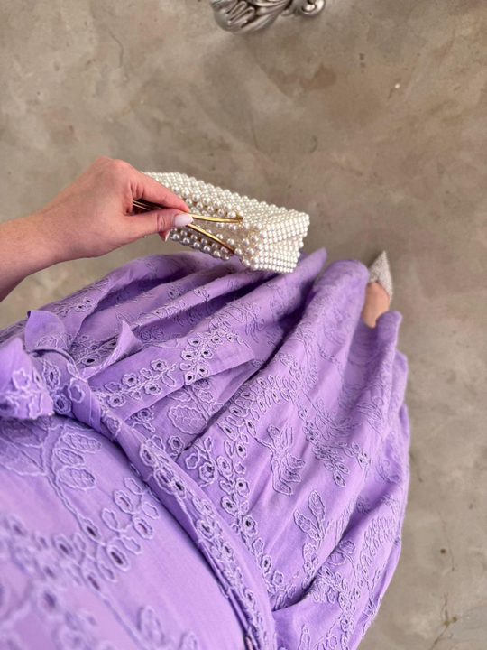 Bianca Kol Lastıklı Tasarım Brode Lila Elbise