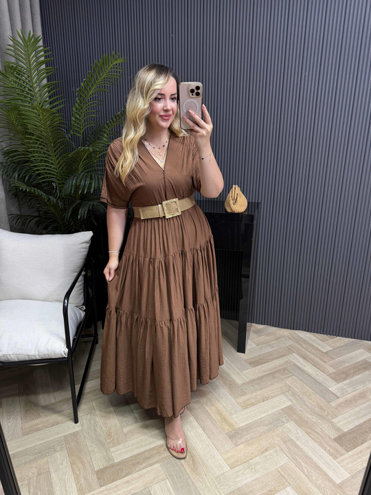 Emma Orj Marka Model Beli Lastikli Elbise Acı Kahve