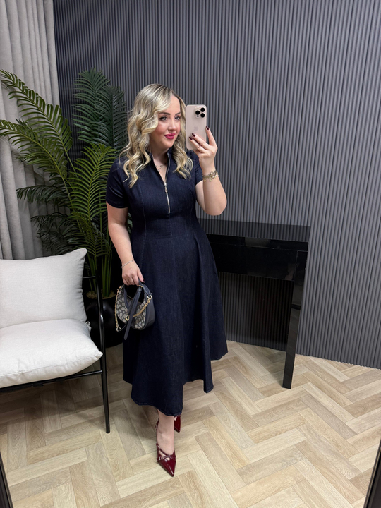 Fermuar Detaylı Tasarım Maxi Denim Elbise 