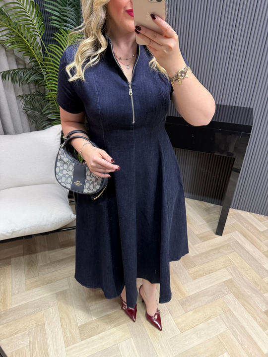 Fermuar Detaylı Tasarım Maxi Denim Elbise 
