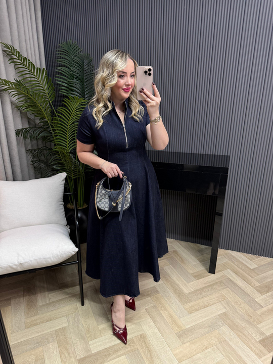 Fermuar Detaylı Tasarım Maxi Denim Elbise 