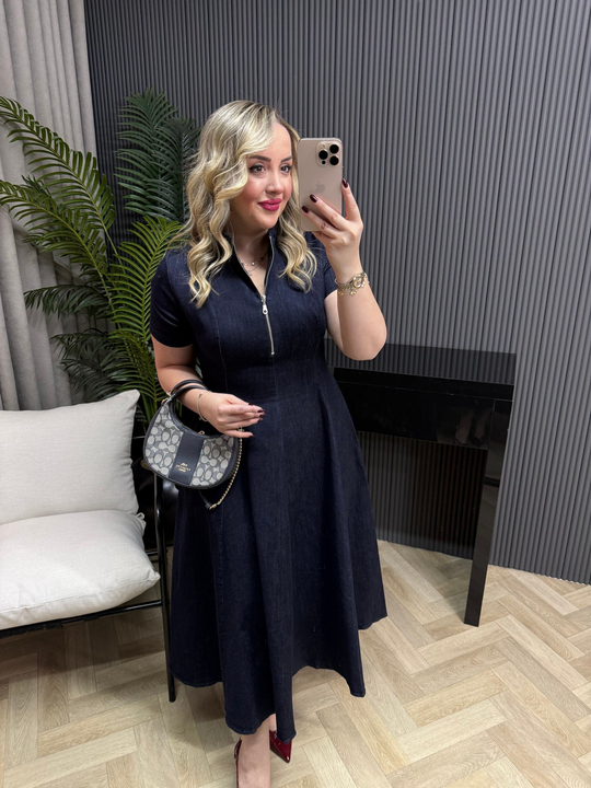Fermuar Detaylı Tasarım Maxi Denim Elbise 