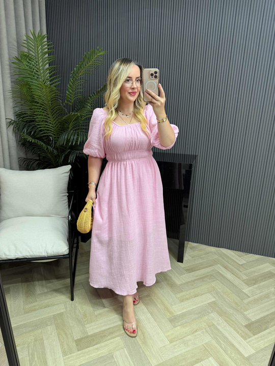Juliet Beli Lastikli Müslin Kumaş Elbise Pembe