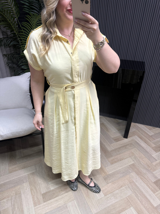 Miyase Beli Lastıkli Tensel Elbise Sarı 