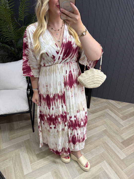 Serena Model Bordo Bulut Desen Elbise