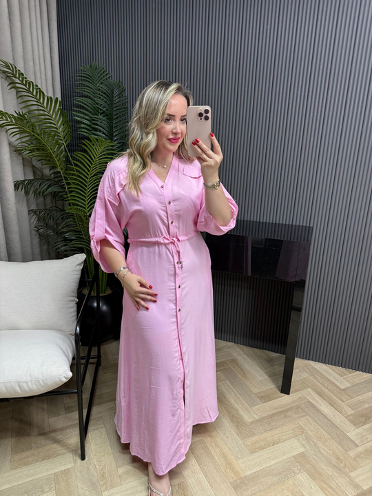 Tatum Önden Düğmeli Tensel Gömlek Elbise Pembe