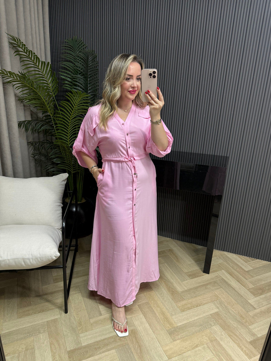 Tatum Önden Düğmeli Tensel Gömlek Elbise Pembe