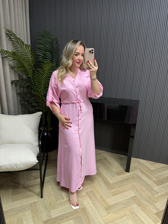 Tatum Önden Düğmeli Tensel Gömlek Elbise Pembe