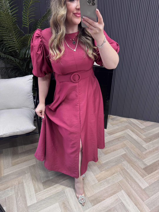 Yasmin Balon Kol Kemerli Tasarım Elbise Bordo