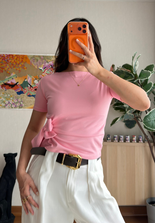 Asira Yan Bağlamalı T-Shirt Pembe